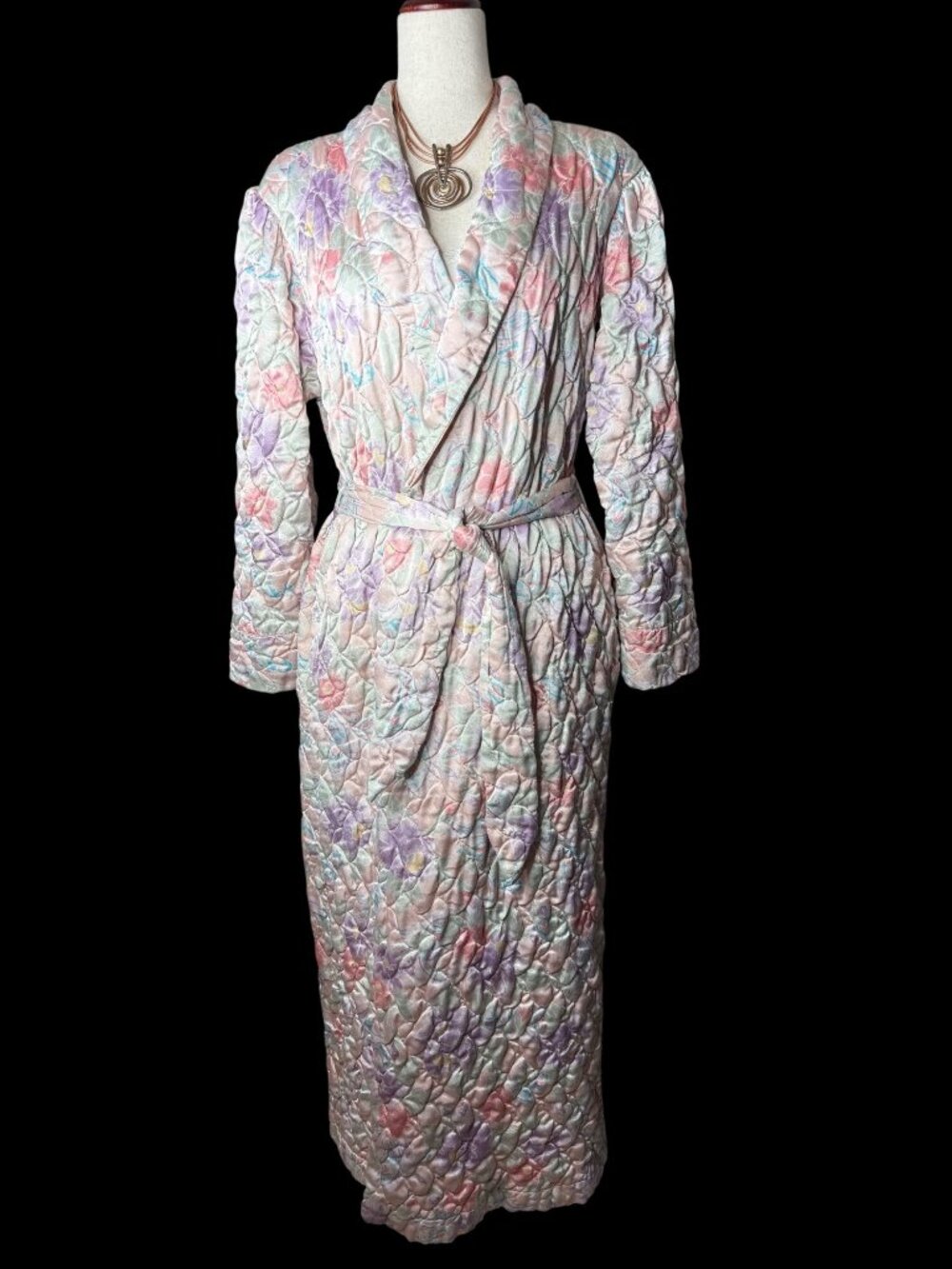Vintage 80s Christian Dior Quilted watercolor Pastel Floral Robe House coat Lg